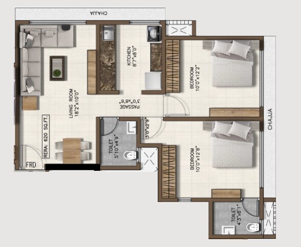 Floor plan of 2 BHK 620 Sq. Ft. Apartment in Pranav Ohana, Mumbai