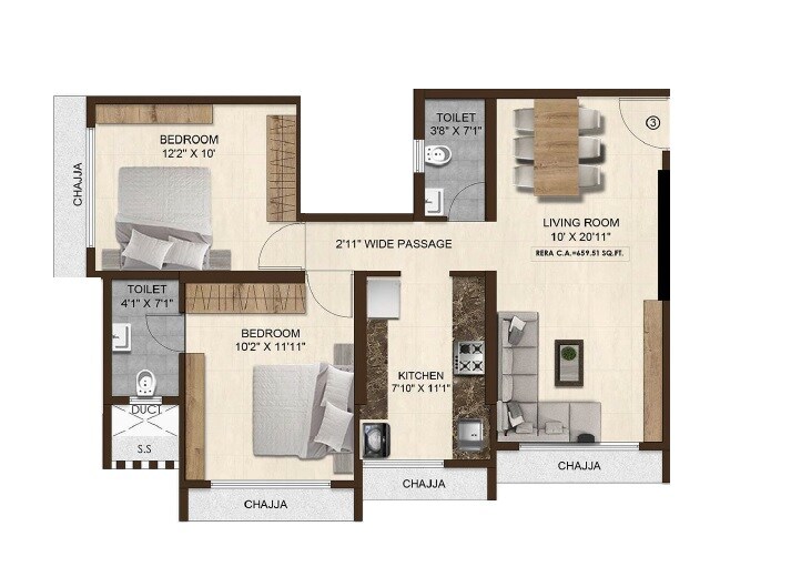 2 BHK 755 Sq. Ft. Apartment