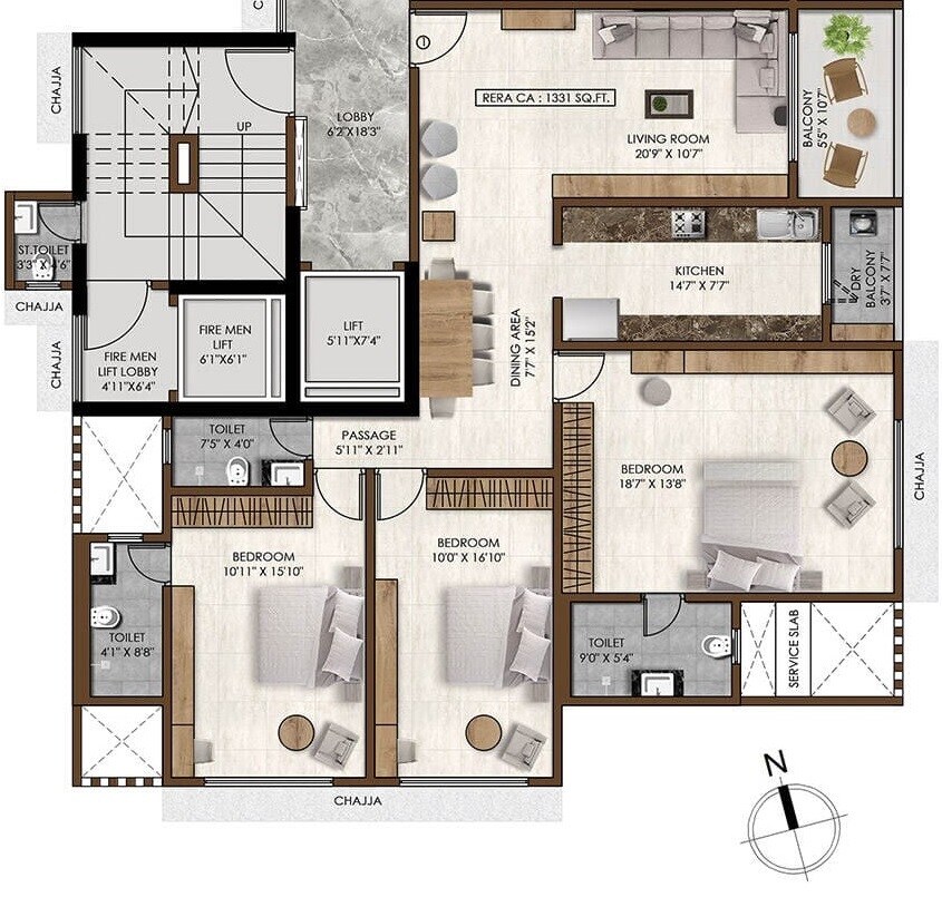 Floor plan of 3 BHK 1331 Sq. Ft. Apartment in Pranav Pearl Palace, Mumbai