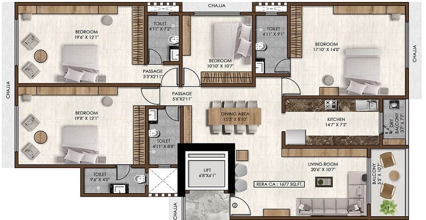 Floor plan of 4 BHK 1677 Sq. Ft. Apartment in Pranav Pearl Palace, Mumbai