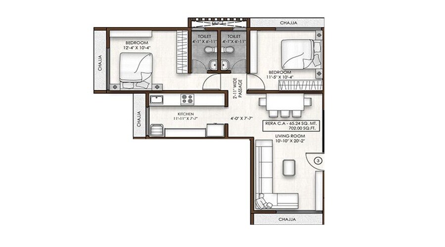 2 BHK 702 Sq. Ft. Apartment