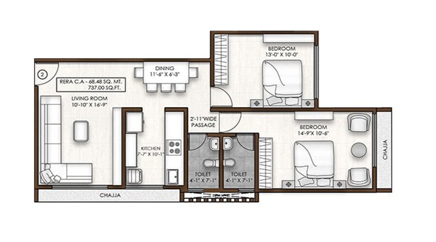 Floor plan of 2 BHK 737 Sq. Ft. Apartment in Pranav Priyadarshini CHS, Mumbai