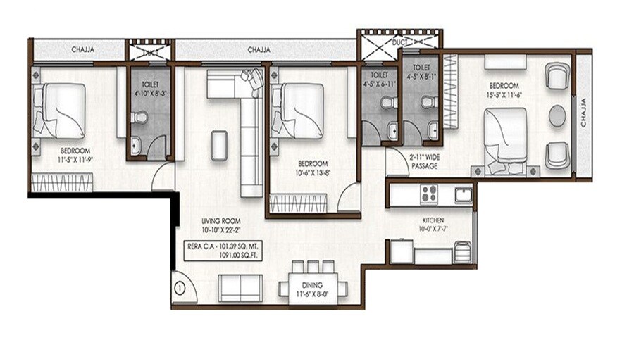 Floor plan of 3 BHK 1091 Sq. Ft. Apartment in Pranav Priyadarshini CHS, Mumbai