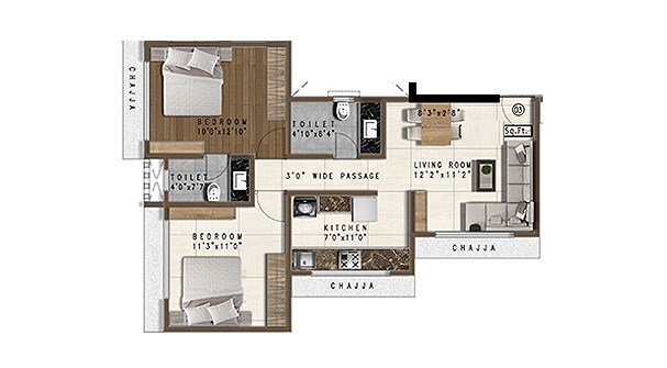 Floor plan of 2 BHK 730 Sq. Ft. Apartment in Pranav Samrat CHS, Mumbai