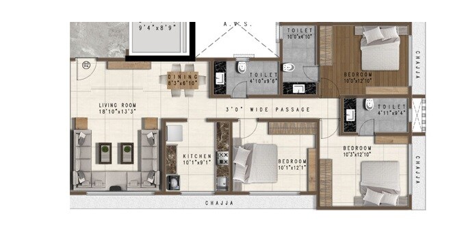 Floor plan of 3 BHK 1043 Sq. Ft. Apartment in Pranav Samrat CHS, Mumbai
