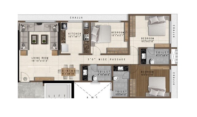 3 BHK 1219 Sq. Ft. Apartment