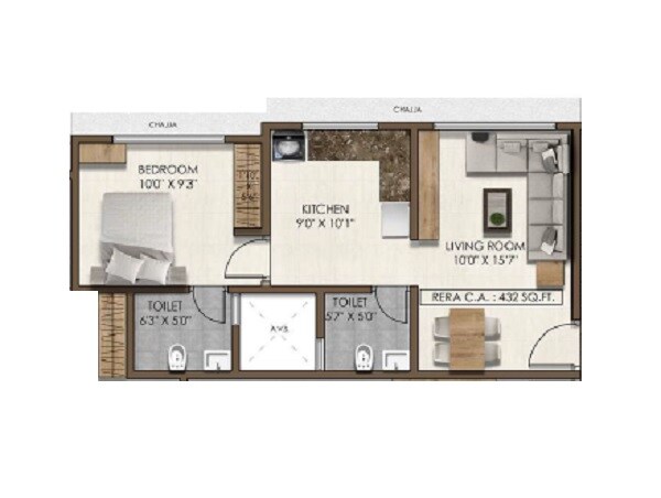 Floor plan of 1 BHK 432 Sq. Ft. Apartment in Pranav Silverene CHS, Mumbai