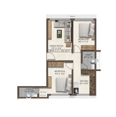 Floor plan of 2 BHK 536 Sq. Ft. Apartment in Pranav Silverene CHS, Mumbai