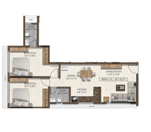 Floor plan of 2 BHK 631 Sq. Ft. Apartment in Pranav Silverene CHS, Mumbai