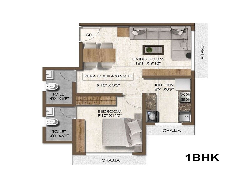 Floor plan of 1 BHK 438 Sq. Ft. Apartment in Pranav Sparsh CHS, Mumbai