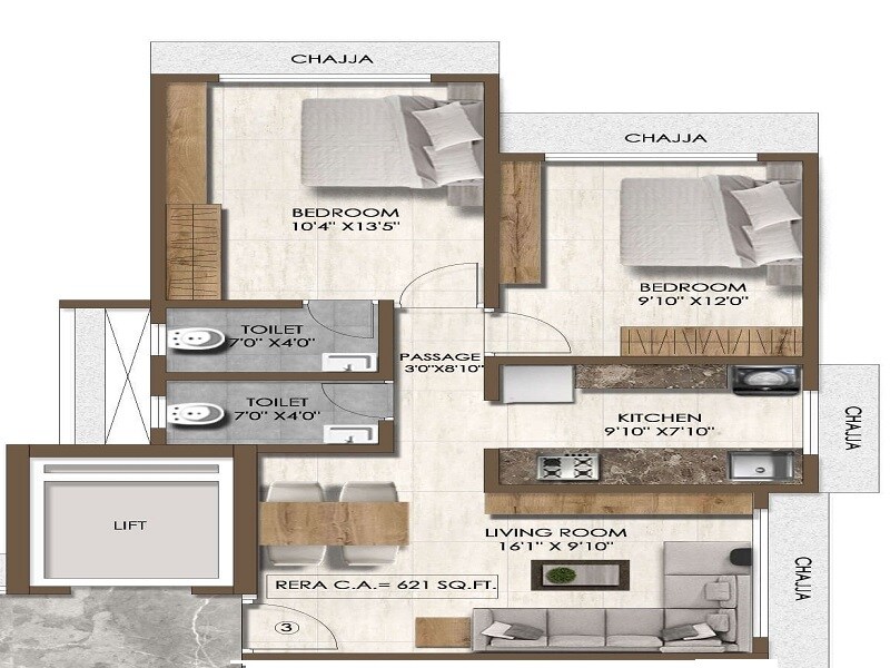 Floor plan of 2 BHK 621 Sq. Ft. Apartment in Pranav Sparsh CHS, Mumbai