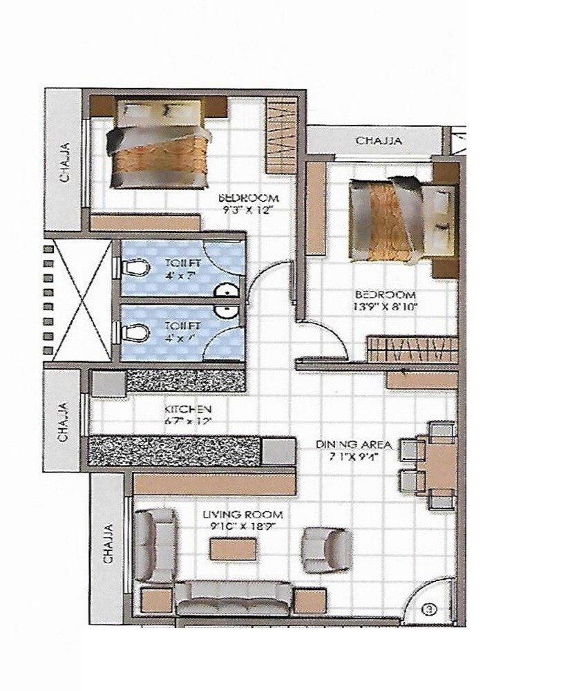 Floor plan of 2 BHK 605 Sq. Ft. Apartment in Pranav Ulka CHSL, Mumbai