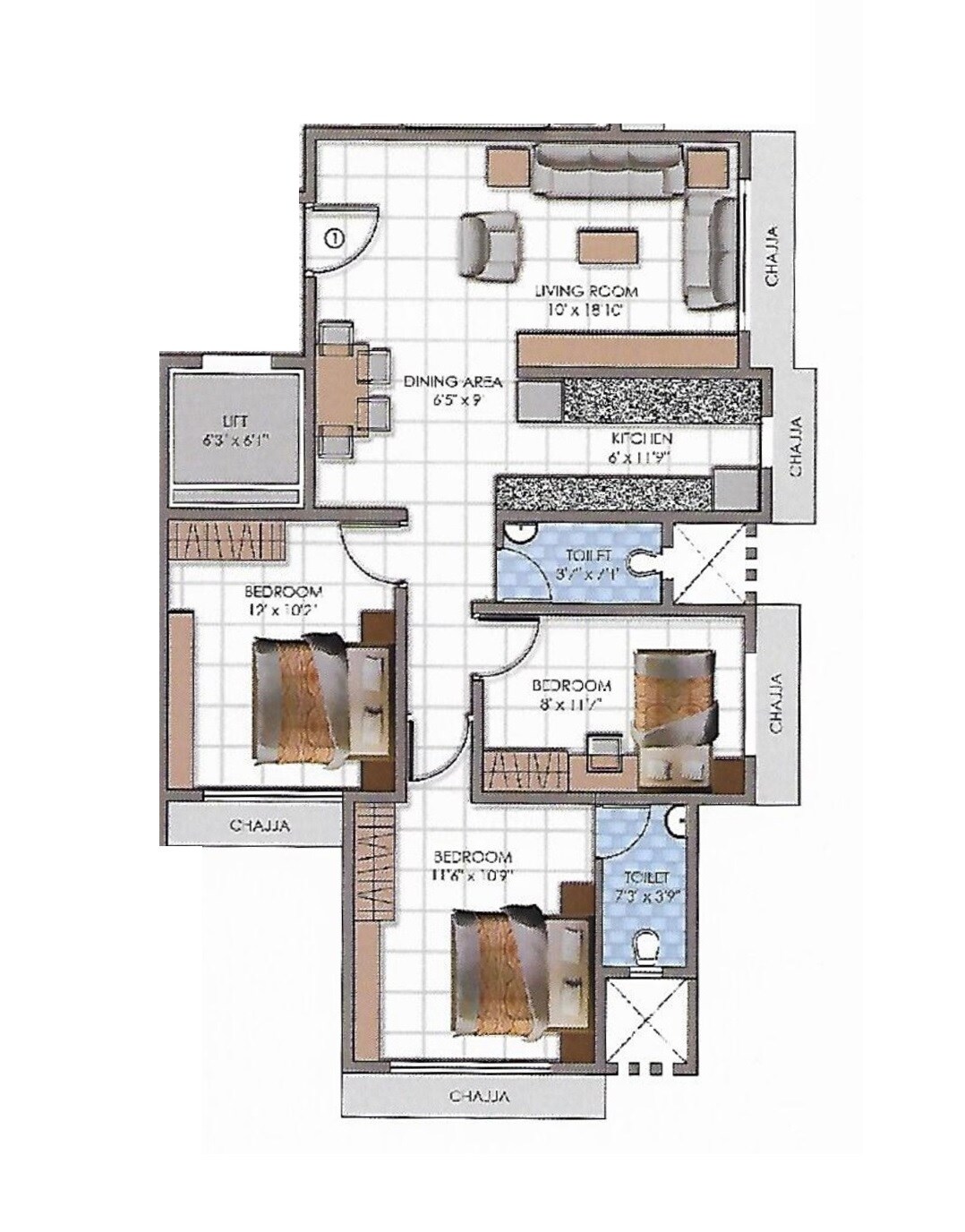 Floor plan of 3 BHK 777 Sq. Ft. Apartment in Pranav Ulka CHSL, Mumbai