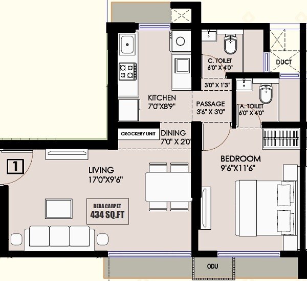 Floor plan of 1 BHK 434 Sq. Ft. Apartment in Pranay Apsara, Mumbai