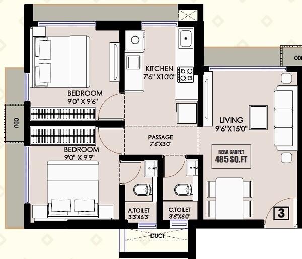 Floor plan of 2 BHK 485 Sq. Ft. Apartment in Pranay Apsara, Mumbai