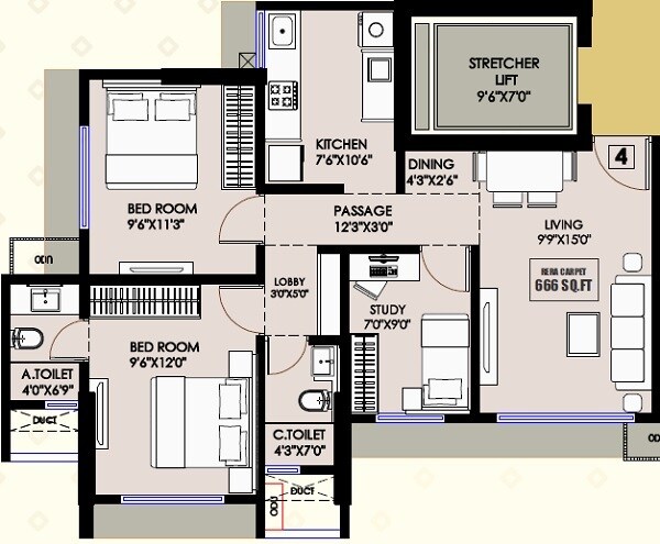Floor plan of 2 BHK 666 Sq. Ft. Apartment in Pranay Apsara, Mumbai