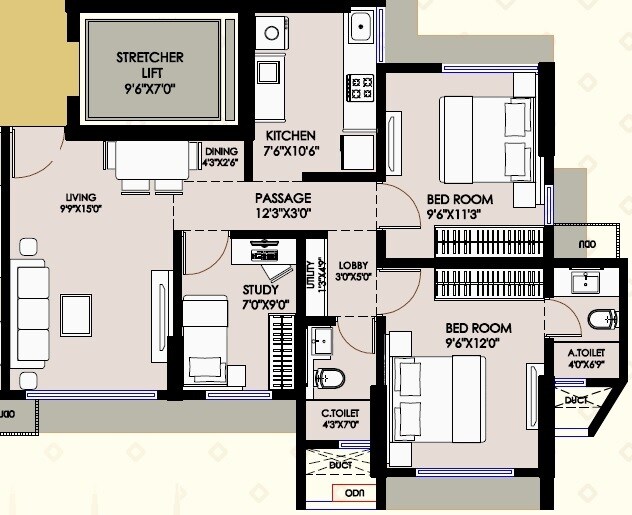Floor plan of 2 BHK 709 Sq. Ft. Apartment in Pranay Apsara, Mumbai
