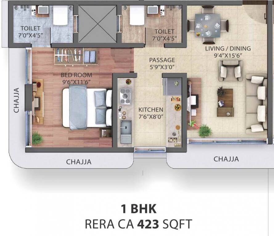 Floor plan of 1 BHK 423 Sq. Ft. Apartment in Prasham Vishal 2, Mumbai
