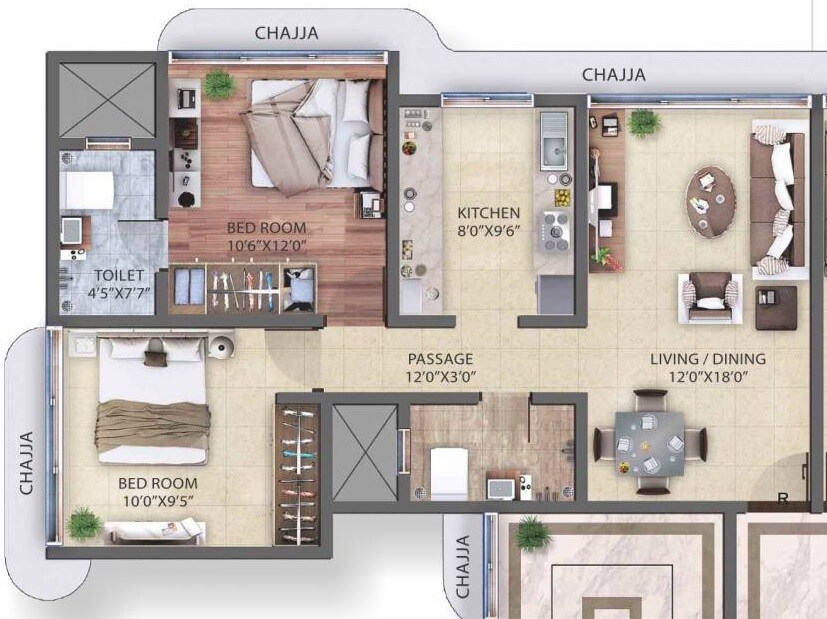 Floor plan of 2 BHK 634 Sq. Ft. Apartment in Prasham Vishal 2, Mumbai