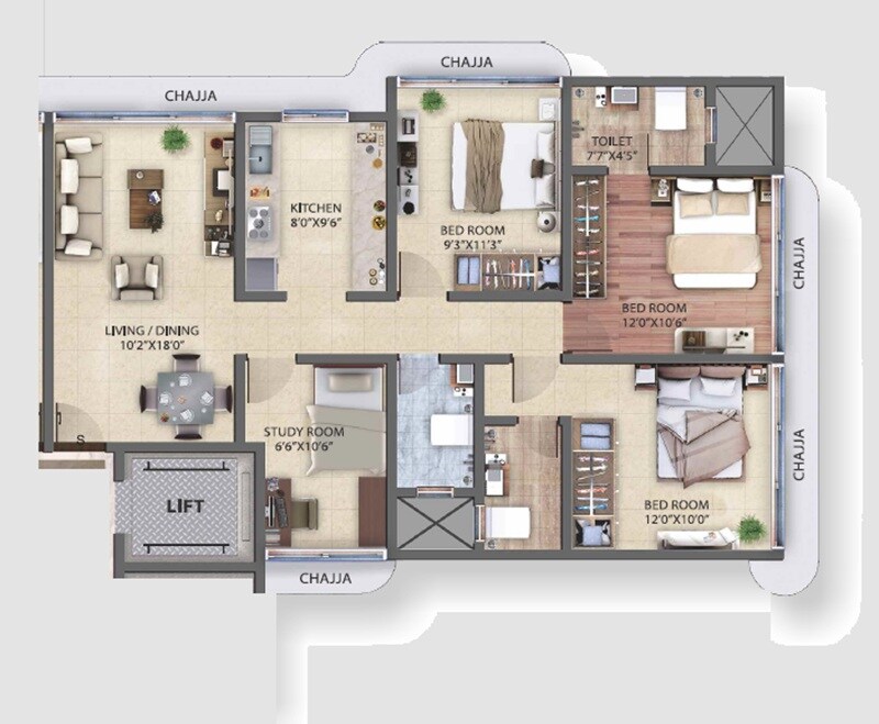 Floor plan of 3 BHK 904 Sq. Ft. Apartment in Prasham Vishal 2, Mumbai