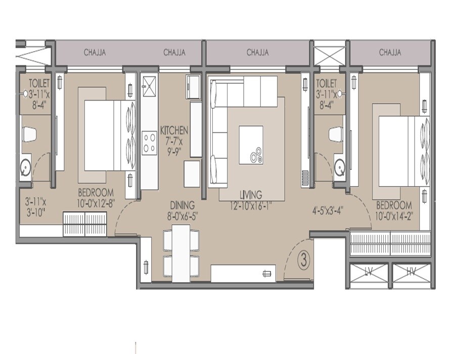 Floor plan of 2 BHK 729 Sq. Ft. Apartment in Pratham 5TH Element, Mumbai