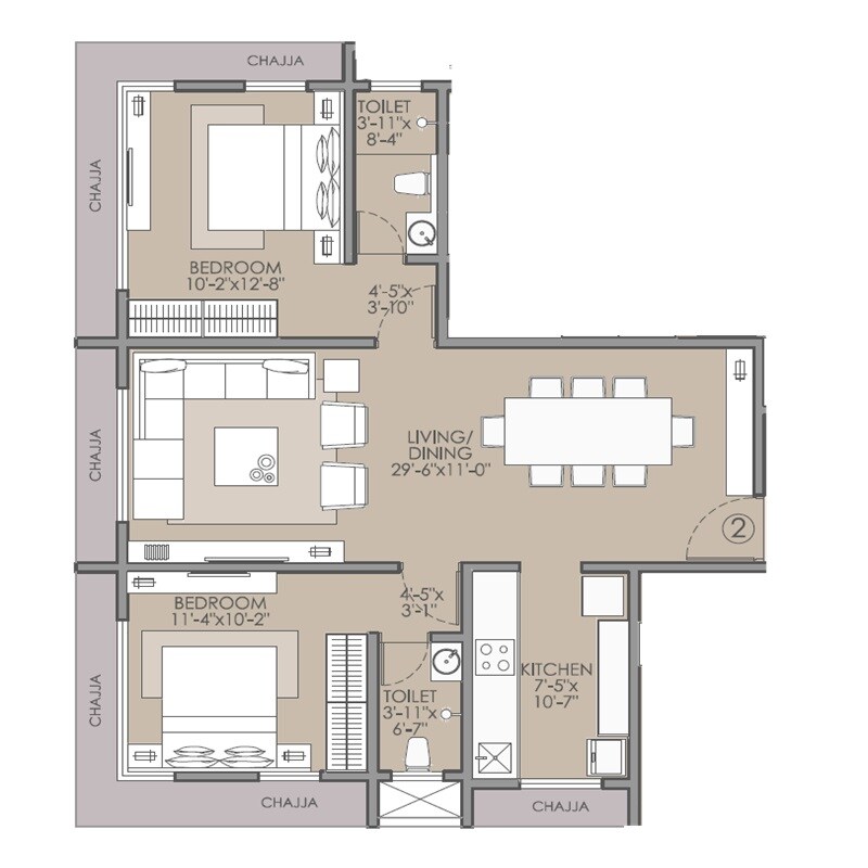 Floor plan of 2 BHK 774 Sq. Ft. Apartment in Pratham 5TH Element, Mumbai