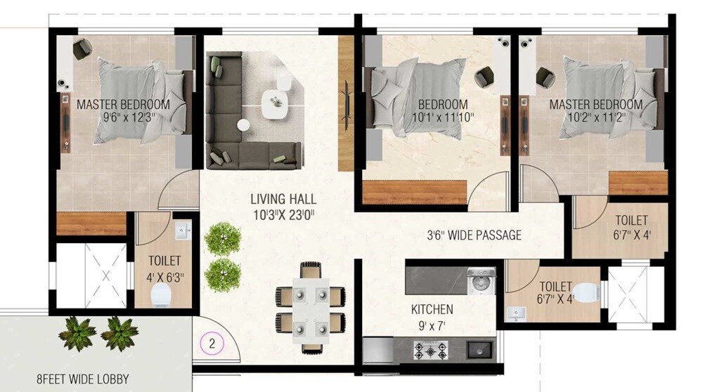 Floor plan of 3 BHK 835 Sq. Ft. Apartment in Prathamesh Alfa CHS, Mumbai