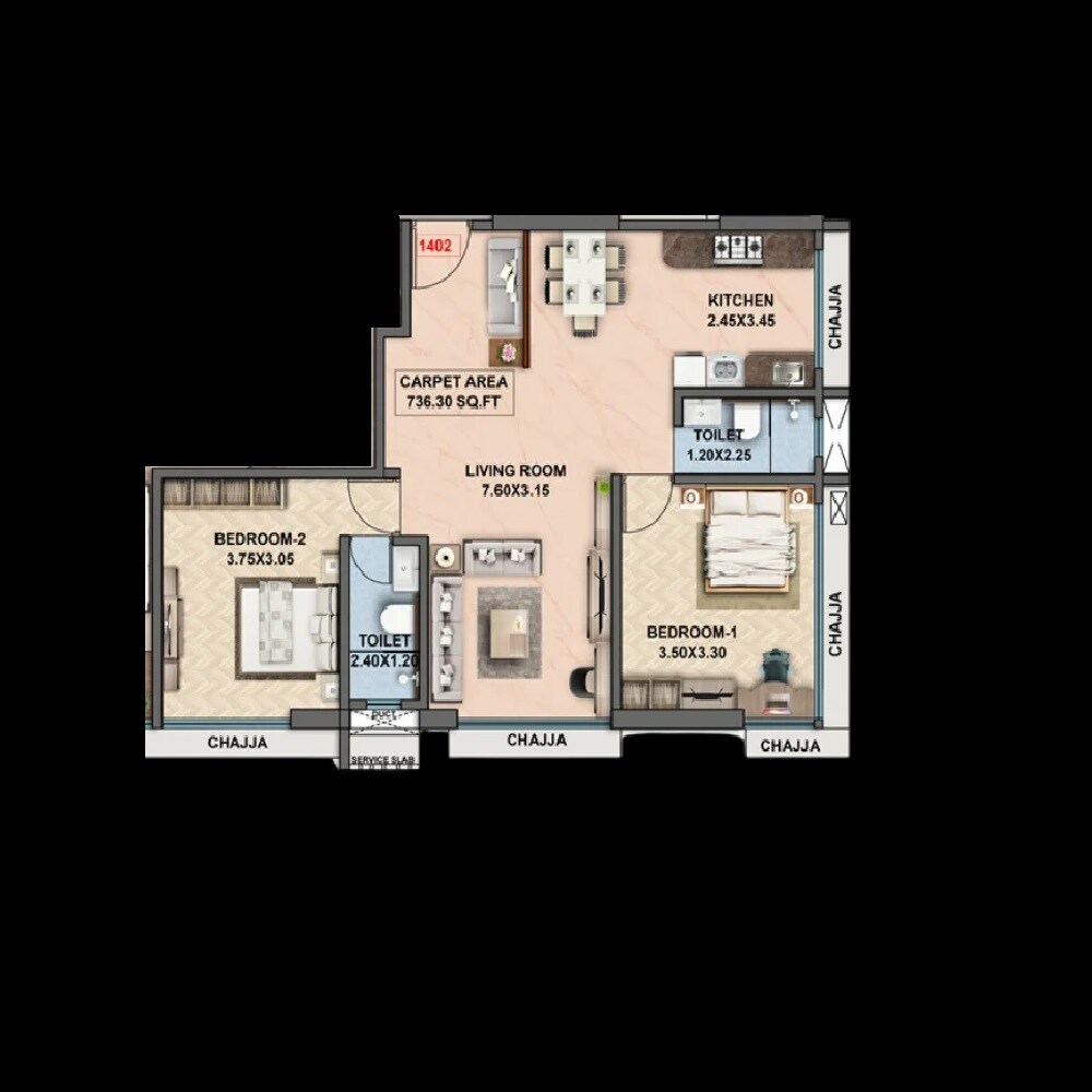 2 BHK 736 Sq. Ft. Apartment