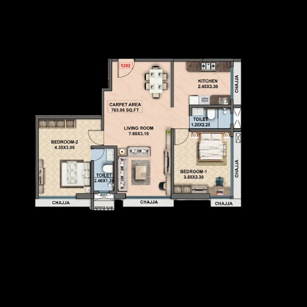 Floor plan of 2 BHK 763 Sq. Ft. Apartment in Prathamesh Kapil Tirth, Mumbai