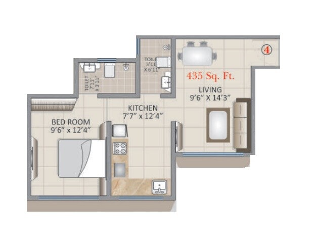 Floor plan of 1 BHK 435 Sq. Ft. Apartment in Prathamesh Tanishq Residency Ghatkopar, Mumbai