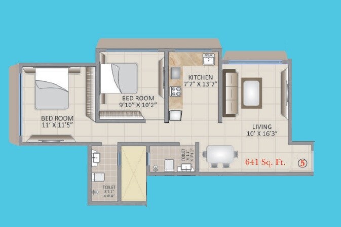 Floor plan of 2 BHK 641 Sq. Ft. Apartment in Prathamesh Tanishq Residency Ghatkopar, Mumbai