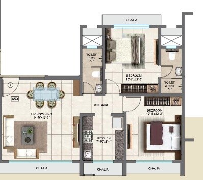 Floor plan of 2 BHK 542 Sq. Ft. Apartment in Prathmesh Darshan, Mumbai