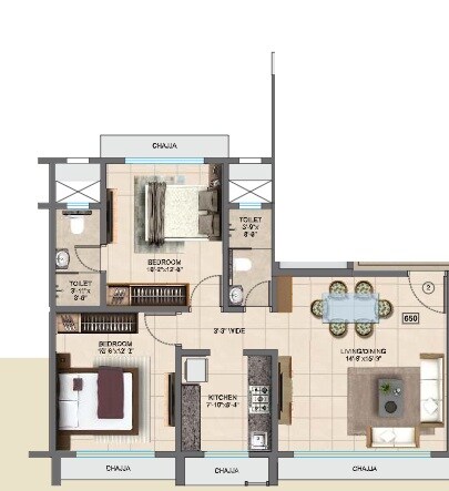 Floor plan of 2 BHK 663 Sq. Ft. Apartment in Prathmesh Darshan, Mumbai
