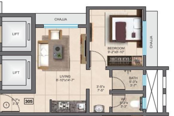 Floor plan of 305 Sq. Ft. Studio in Prathmesh Darshan, Mumbai