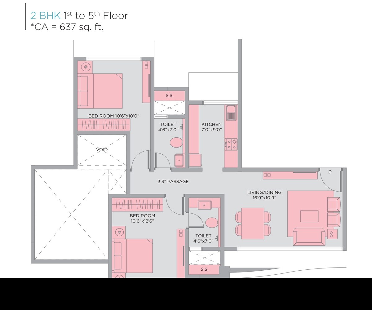 Floor plan of 2 BHK 637 Sq. Ft. Apartment in Pratibha Swastik Plaza C Chs Ltd Avana, Mumbai