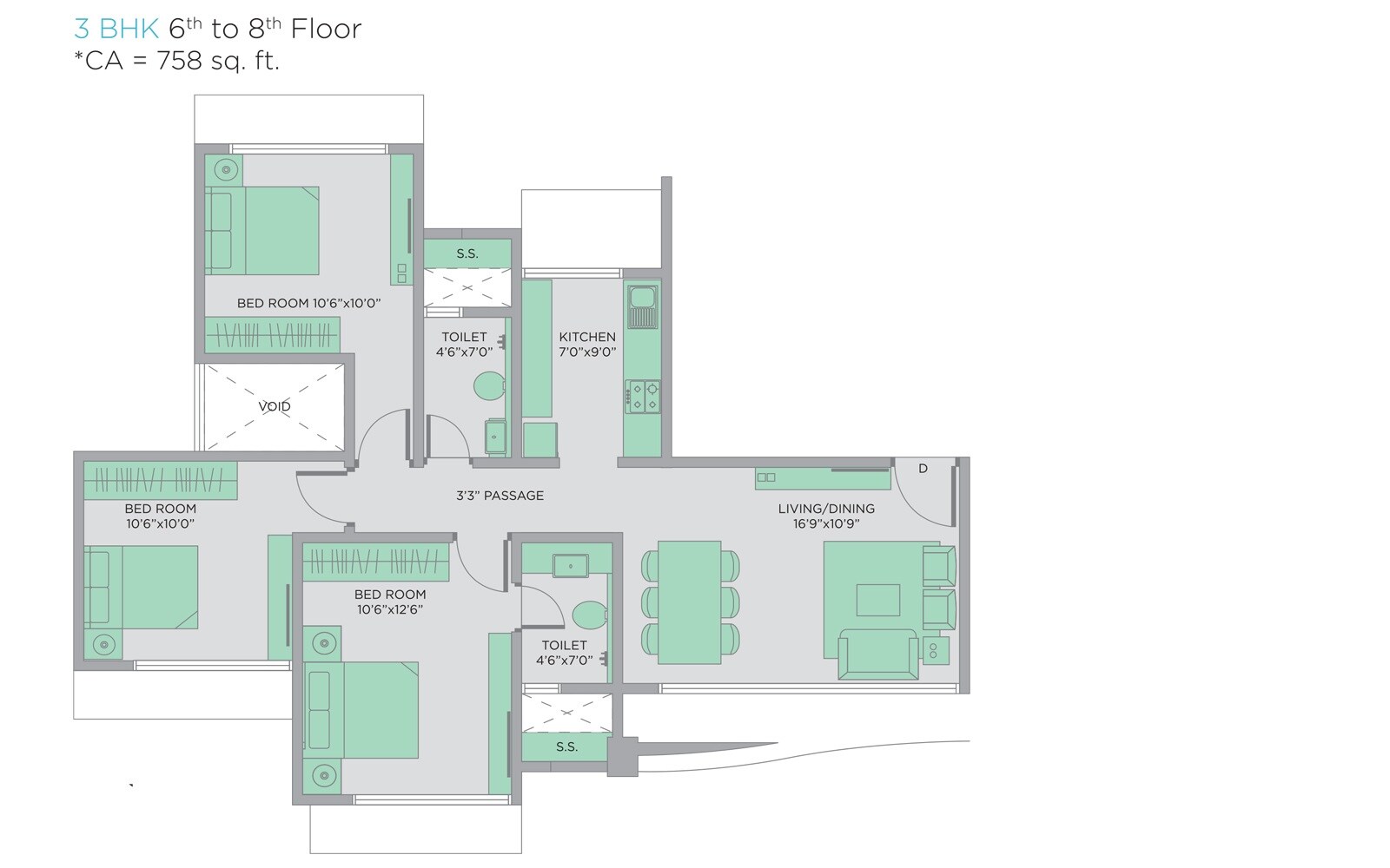 Floor plan of 3 BHK 758 Sq. Ft. Apartment in Pratibha Swastik Plaza C Chs Ltd Avana, Mumbai