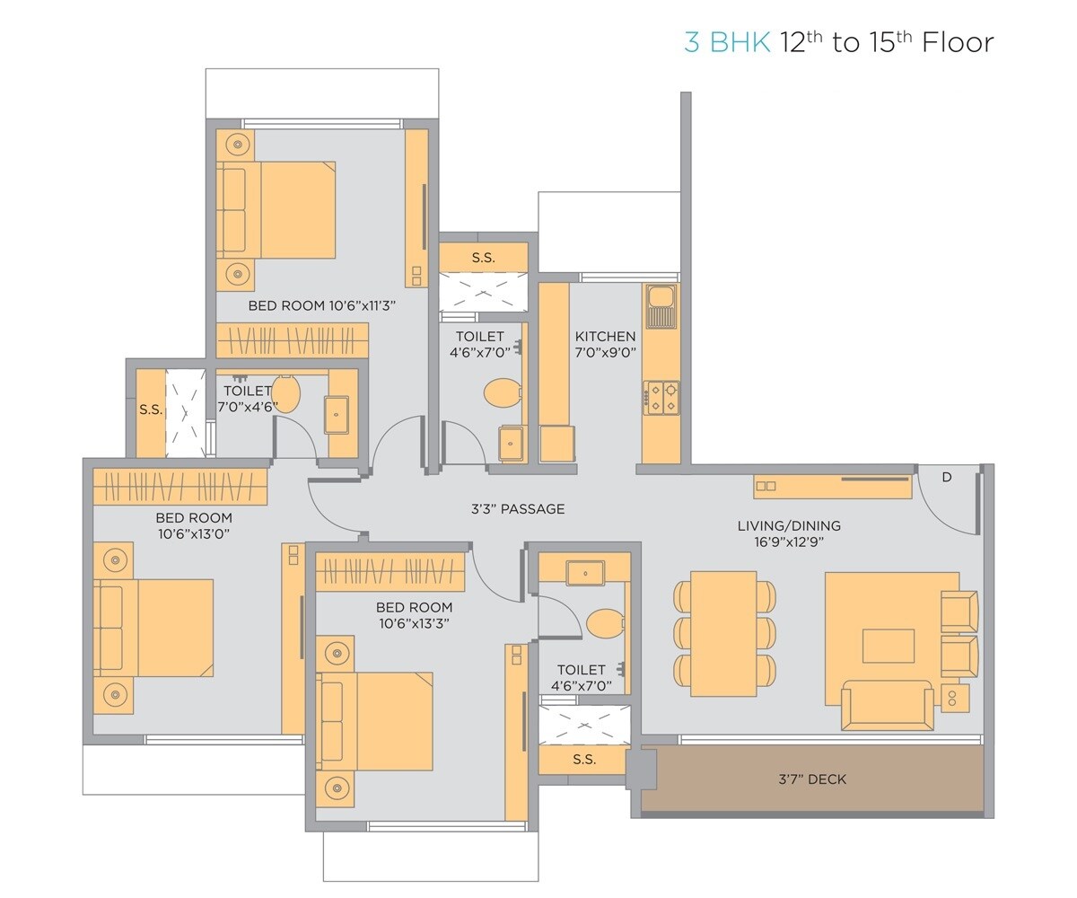 Floor plan of 3 BHK 897 Sq. Ft. Apartment in Pratibha Swastik Plaza C Chs Ltd Avana, Mumbai