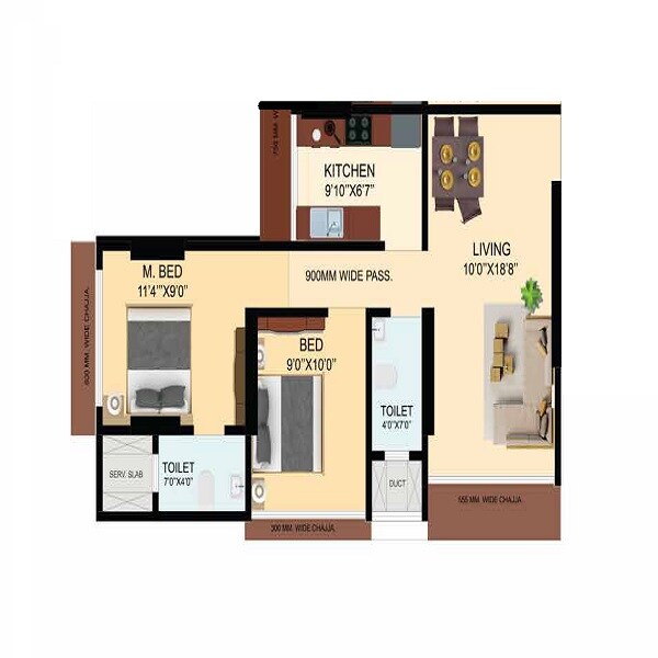 Floor plan of 2 BHK 556 Sq. Ft. Apartment in Pratik Paradise, Mumbai
