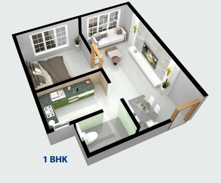 Floor plan of 1 BHK 389 Sq. Ft. Apartment in Pratik Springwoods, Mumbai