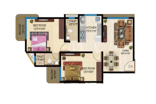 Floor plan of 2 BHK 505 Sq. Ft. Apartment in Prayag Heights, Mumbai