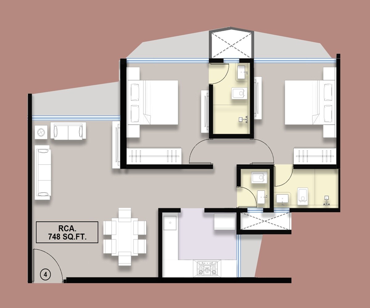 Floor plan of 2 BHK 748 Sq. Ft. Apartment in Prem Ajanta, Mumbai