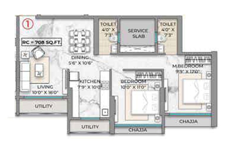 Floor plan of 2 BHK 718 Sq. Ft. Apartment in Prem Arun, Mumbai