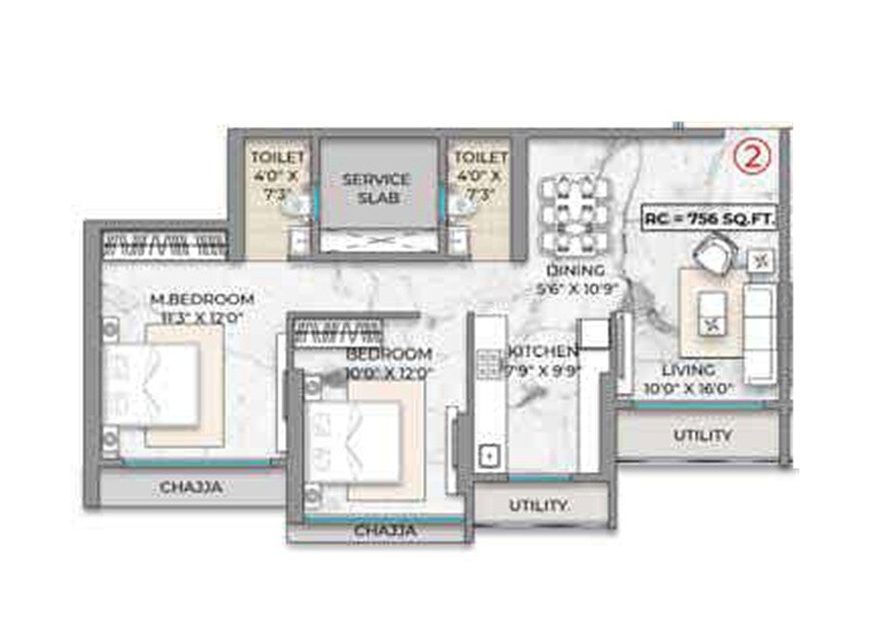 Floor plan of 2 BHK 792 Sq. Ft. Apartment in Prem Arun, Mumbai