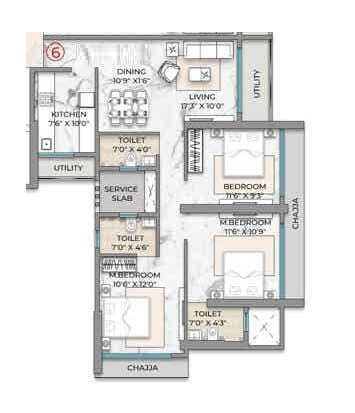 Floor plan of 3 BHK 1087 Sq. Ft. Apartment in Prem Arun, Mumbai
