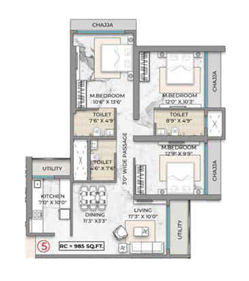 Floor plan of 3 BHK 1001 Sq. Ft. Apartment in Prem Arun, Mumbai