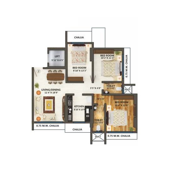 Floor plan of 3 BHK 837 Sq. Ft. Apartment in Premleela Heights, Mumbai