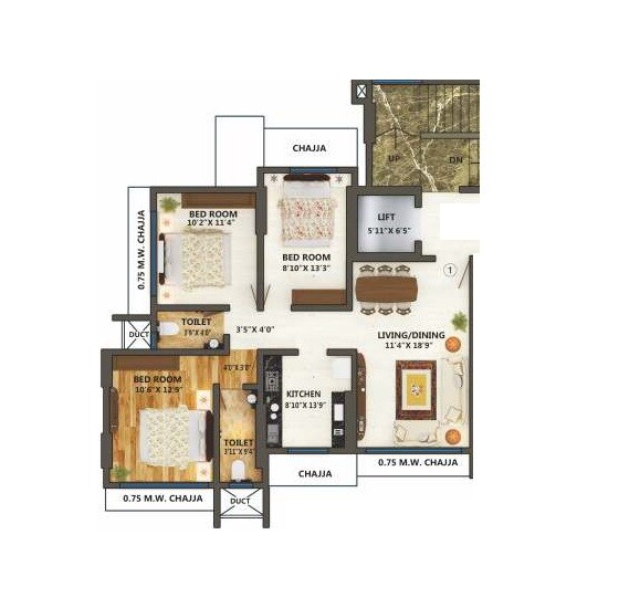 Floor plan of 3 BHK 840 Sq. Ft. Apartment in Premleela Heights, Mumbai