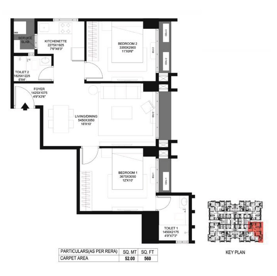 Floor plan of 2 BHK 560 Sq. Ft. Apartment in Prescon Midtown Bay, Mumbai