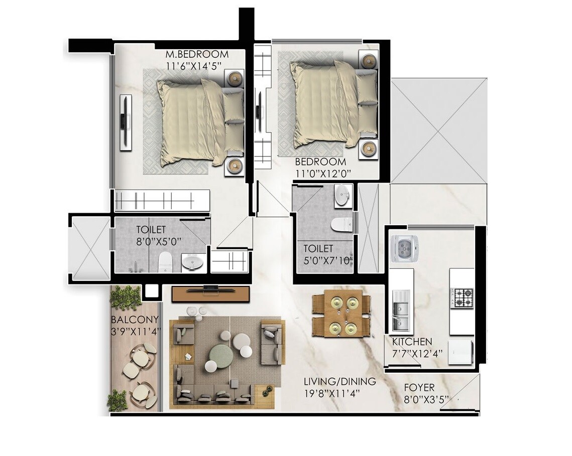  2 BHK Apartment at Prestige Jasdan Classic, Mahalaxmi – for Rent