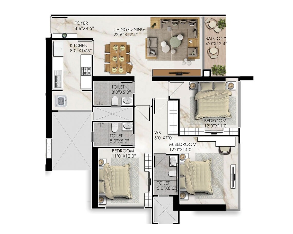  3 BHK Apartment at Prestige Jasdan Classic, Mahalaxmi – for Rent